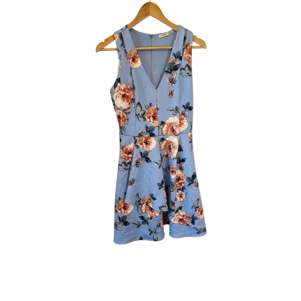 Women's DEX Blue Floral Mini Dress M V Neck Sleeveless